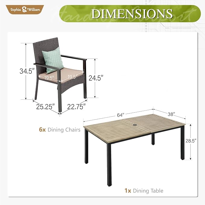 Sophia & William 7pc Patio Dining Set, Wood-Like Metal Table, Wicker Chairs | All Weather Patio Table and Chairs Set for 6, Perfect for backyard, deck, porch