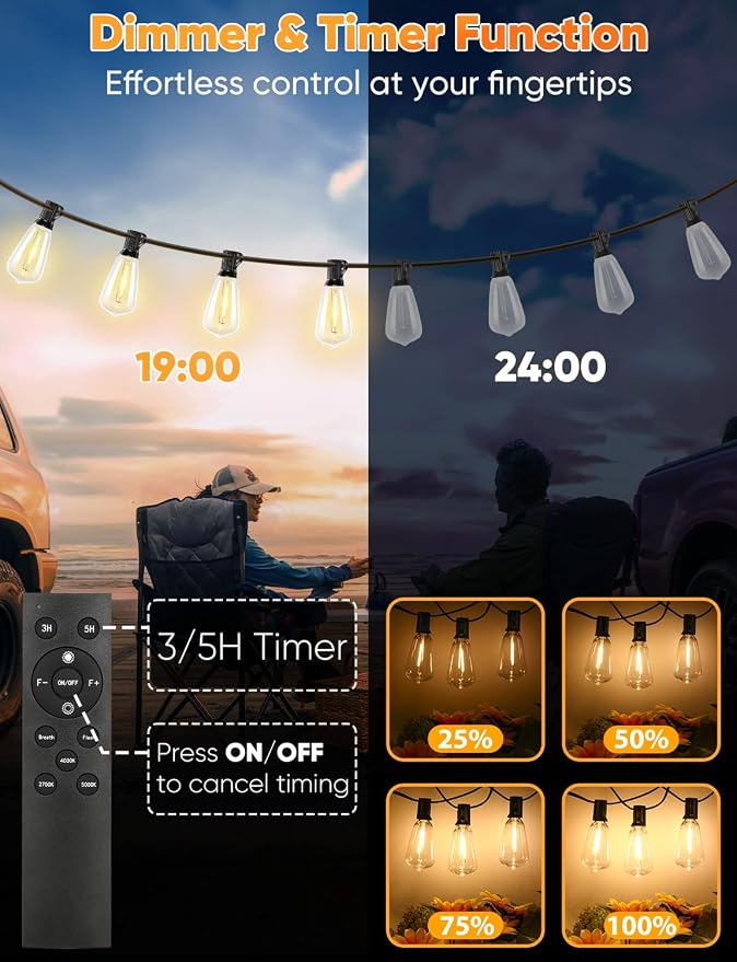 180FT LED String Lights with Remote Control, 2700K/4000K/5000K Selectable Outdoor Patio Lights with 56 Shatterproof ST38 Edison Bulbs, 3 Modes Dimmable Outside Light for Yard, Porch