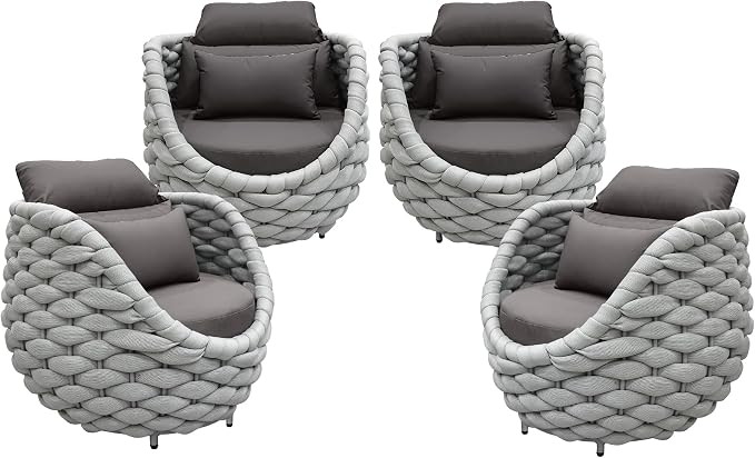 TWT Aluminum Outdoor Patio Furniture Set, 4 Textilene Armchairs Modern Outdoor Conversation Set Outdoor Single Sofa with Upgrade Cushion and Coffee Table for Balcony,Light Grey