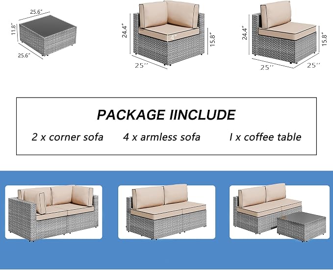 7 Piece Outdoor Patio Furniture Set,Silver PE Rattan Wicker Sectional Sofa, All Weather Conversation Set with Washable Cushions & Glass Coffee Table for Backyard Poolside Garden Porch,Khaki