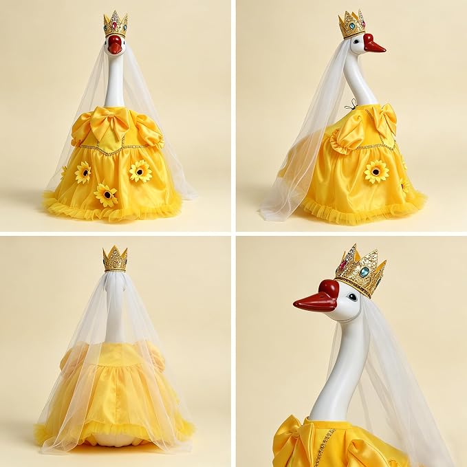 Porch Goose Statue with Princess Outfits - Cute Resin Goose Figurine with Yellow Princess Dress and Crown, Waterproof Weather Resistant Garden Decor for Patio Lawn Room, Gift for Women Goose Lovers