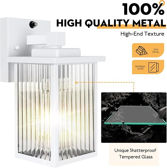 White Dusk to Dawn Wall Mount Porch Lights, Exterior Light Fixtures | Auto On and Off, Anti-Rust Metal Frame, Tempered Glass, E26 Socket, Easy DIY Install on Porch, Garage