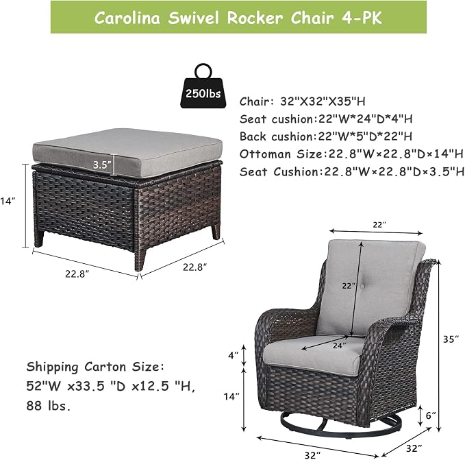 Rilyson Luxury 4 Pieces Patio Wicker Furniture Set, Outdoor Rattan Bistro Set with Rocking Swivel Chair, Ottoman and Thickened Cushions (Brown/Grey)