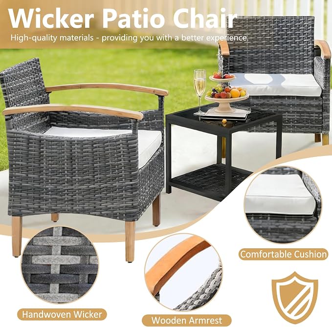 3 Pcs Outdoor Patio Conversation Set, Outdoor Patio Rattan Chair with Side Coffee Table, Outdoor Patio Furniture Sets for Yard Garden Backyard Lawn (Gray)