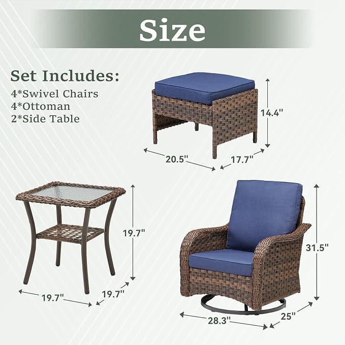 10 PCS Patio Furniture Set, 4 Swivel Rocking Chairs with 4 Ottomans & 2 Side Tables, 4-Inch Thick Olefin Cushions, 300 lbs Capacity Wicker Swivel Rocker Chairs for Porch, Fire Pit, Blue