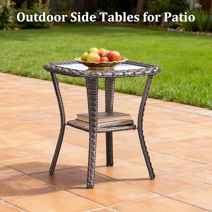 Luxury Outdoor Swivel Rocker Patio Chairs Set of 3, High Back Swivel Patio Chairs with Side Table & 6-Inch Thick Cushions, Wicker Outdoor Bistro Set for Porch, Yard, Deck, Poolside, Brown/Grey