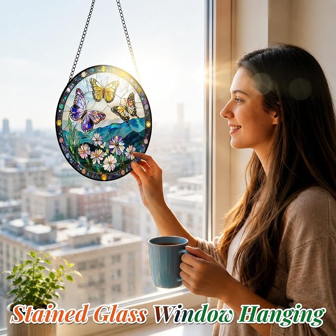 Stained Glass Butterfly Suncatcher Window Hanging Birthday Gifts for Women | 7.8in Garden Sun Catcher, Butterflies Wildflowers Home Decor, Memory Gift for Mom Grandma & Mother's Day, Christmas Ornament