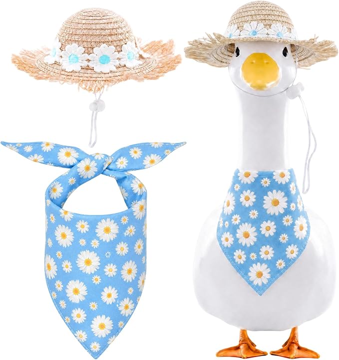 Summer Floral Porch Goose Outfit - 2Pcs Cute Blue Daisy Cottage Style Clothes with Straw Hat & Bandana Bib, Garden Lawn Decoration for 23 Inch Cement/Plastic Statue