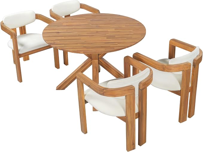 5-Piece Outdoor Acacia Wood Round Dining Set, All-Weather Round Dining Table and 4 Barrel Chairs & Removable Cushions, 5-Piece Patio Furniture for Backyard Deck Poolside (Beige Cush)