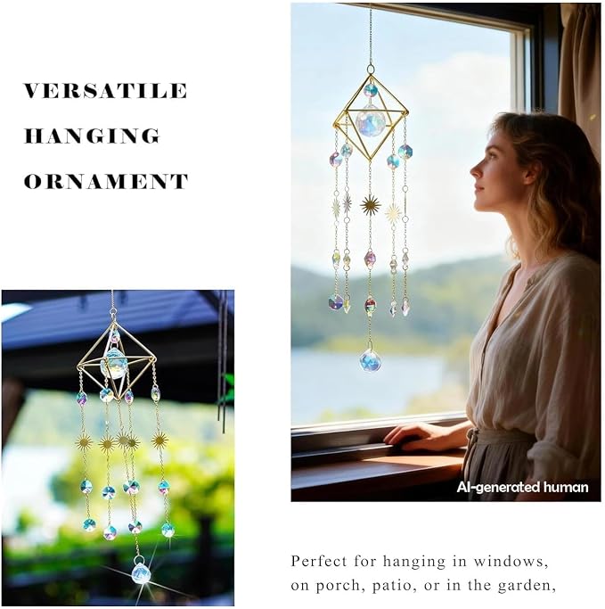 17''Crystal Prisms Suncatcher for Window Hanging Sun Catcher Indoor Window | Small Gold-Plated,Crystal Wind Chimes,Rainbow Maker,Whimsical Decor,Home Garden Christmas Tree Decoration,gift For Women Mom