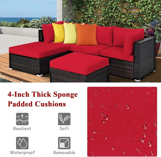 COSTWAY 5-Piece Outdoor Patio Furniture Set, PE Rattan Sectional Conversation Set with Cushions and 2 Ottomans for Garden, Deck, Backyard (Red)