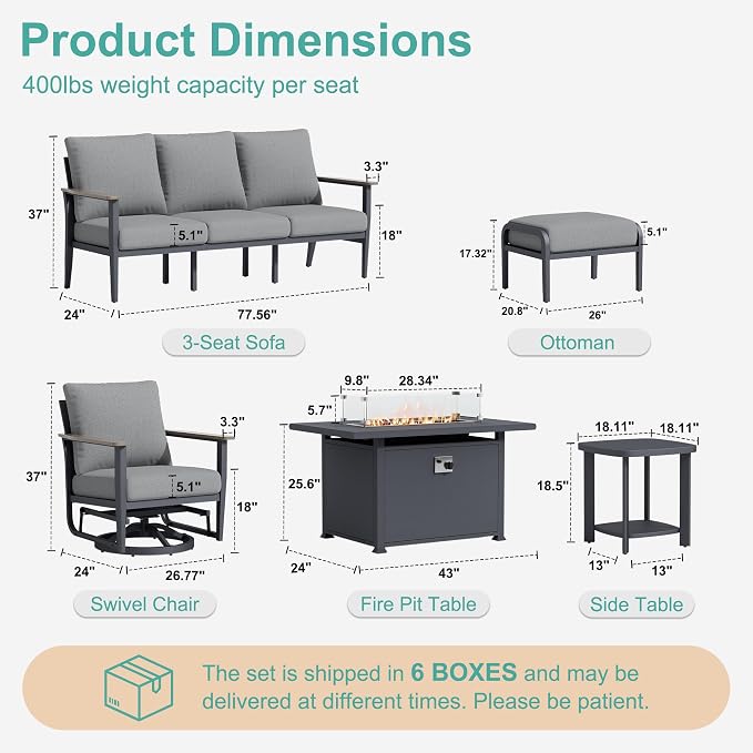 Aluminum Outdoor Patio Furniture Set with Swivel Rocking Chairs 9-Seat, Patio Sectional Sofa with Ottomans Patio Conversation Set with 55,000 BTU Fire Pit Table & High Backrest,Grey