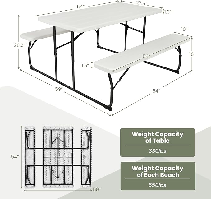 Tangkula Folding Picnic Table with 2 Benches, Outdoor Metal Camping Table Set with Plastic Wood-Like Texture Tabletop & Steel Frame, Foldable Camping Table for Picnic, Party, BBQ (White)
