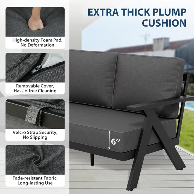 COOS BAY Iron Luxe 4 Piece Outdoor Patio Furniture Set, Modern Patio Conversation Set with 2 Swivel Rocking Chairs, a 3 Seat Couch & Coffee Table for Deck, Garden, Porch, Black/Gray