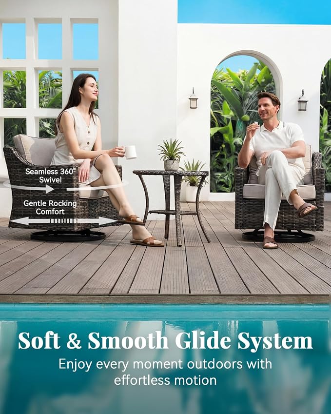 Patio Furniture Set 3 Pieces Luxury Outdoor Bistro with Swivel Rocker Chairs and Side Table, Easy Assembly Conversation Set for Porch Deck Balcony Yard in Gray Wicker and Beige Cushions