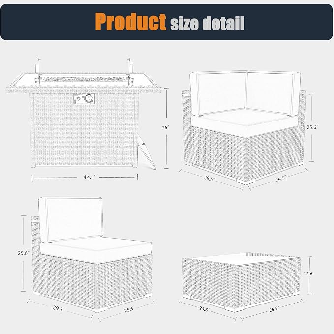 Patio Furniture Set with Fire Pit Table, 8 Pieces Outdoor All-Weather Wicker Conversation Sectional Chair Sofa Set