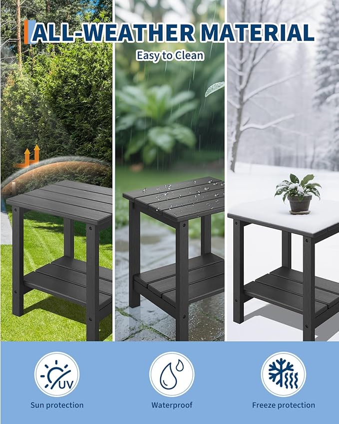 Takywep Adirondack Outdoor Side Table 18 x 15 in, HDPE 2-Tier Patio Side Table, All-Weather End Table for Patio, Pool Deck, Indoor & Backyard, Gray