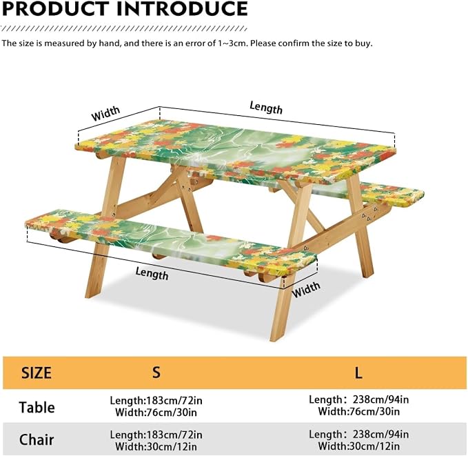 Yellow Flower Picnic Table Cover with Bench Covers Washable Outdoor Camping Tablecloth Summer Abrasion Resistant Waterproof Picnic Table Cover 3 Piece Set