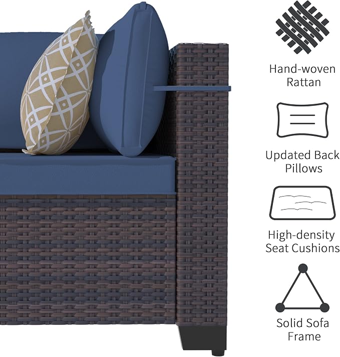 Outdoor Patio Furniture Set with Gas Fire Pit Table, 8 Pieces Outdoor Furniture Set Patio Sectional Sofa w/43in Propane Fire Pit, PE Wicker Rattan Patio Conversation Sets (Dark Blue)
