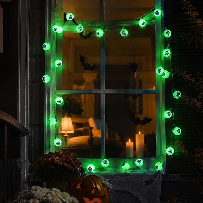 Crazy Night Halloween String Lights 10Ft 20 LEDs Battery Operated Green Eyeball Lights with Steady Flashing Modes Halloween Party Decor