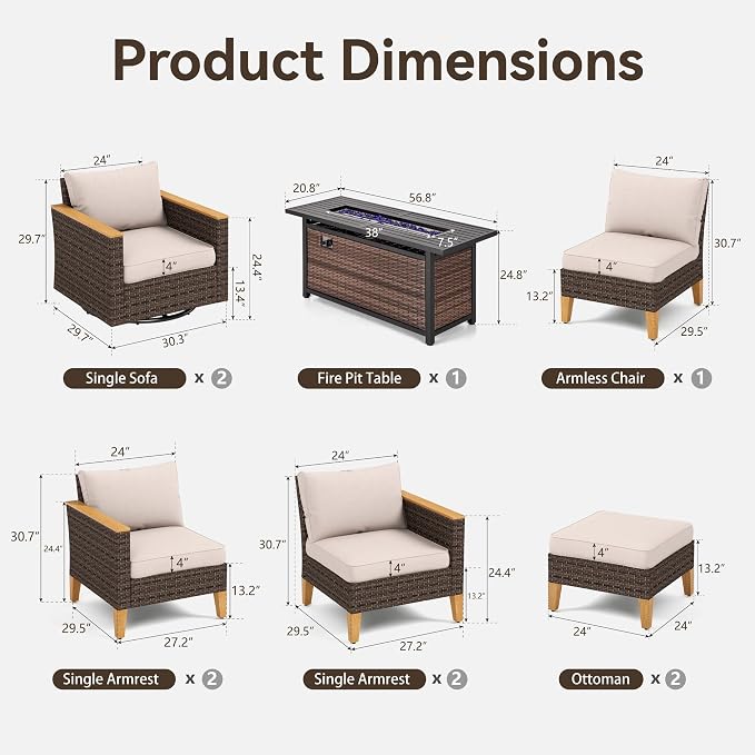 GREEN PARTY 9 Pieces Wicker Patio Furniture Set with 56" Fire Pit Table, All-Weather Outdoor Rattan Patio Sectional Sofa Conversation Set 9 Seats for Garden, Backyard, 2 x Swivel Chairs