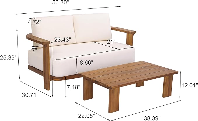 Christopher Knight Home Archer 2 Piece Loveseat Sofa and Coffee Table Set, Acacia Wood Patio Furniture Set with Removable Cushion, Patio Conversation Set with Slatted Design, Beige+Teak