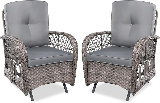 MEETWARM Patio Wicker Rocking Glider Set, All-Weather Outdoor Rattan Patio Rocking Chairs of 2, Patio Conversation Set with Thickened Cushions for Porch Garden & Backyard, Gray