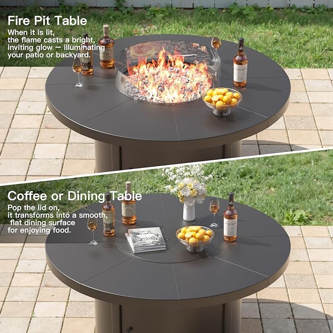 Kurapika 7 Piece Metal Moden Outdoor Patio Furniture Set with Round Fire Pit Table, Patio Conversation Sets 6 Swivel Chairs with Thick Cushion and 40000 BTU Fire Pit Table, for Yard Deck, Grey