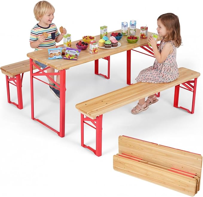 Costzon Kids Picnic Table, 43.5 Inch Folding Picnic Table with 2 Benches, Fir Wood Top & Metal Frame, No Assembly 3-Piece Portable Kids Indoor/Outdoor Furniture for Patio Backyard Daycare (Red)