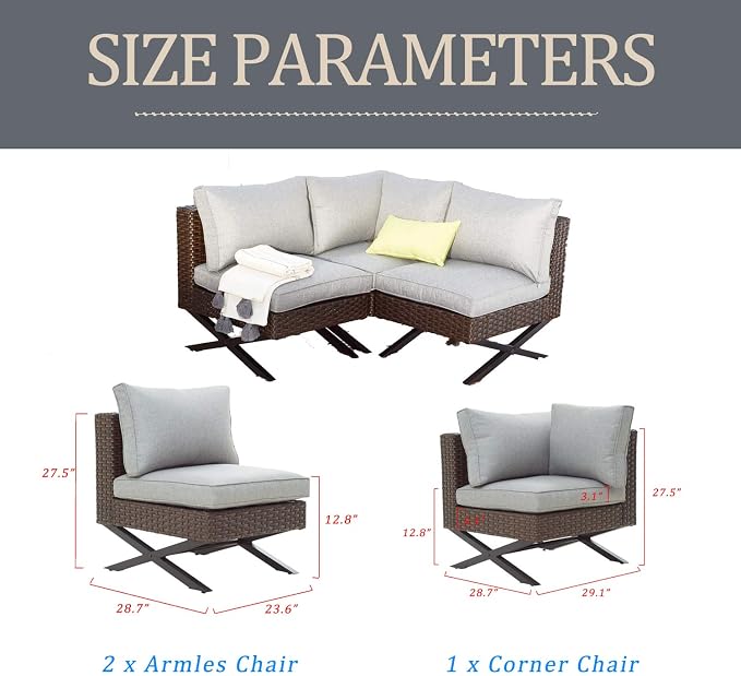 LOKATSE HOME 3 Piece Conversation Set Sectional Rattan Patio Furniture Include 2 Armless Chairs and 1 Corner Sofa with X-Shaped Legs, Brown