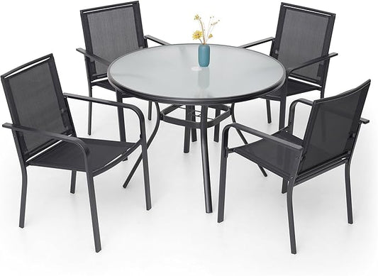 5 Piece Outdoor Patio Dining Set with 40" Round Glass Table, Black Chairs | 4 Piece Stackable Chairs Textilene Seat and Back, Table and Chair with Metal Frame, Round Glass Table Top, 1.7" Umbrella Hole