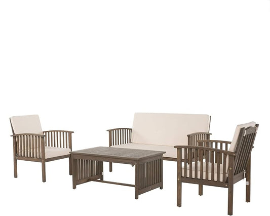 Christopher Knight Home 298932 Beckley Patio Furniture 4 Piece Acacia Wood Outdoor Chat Set, Grey