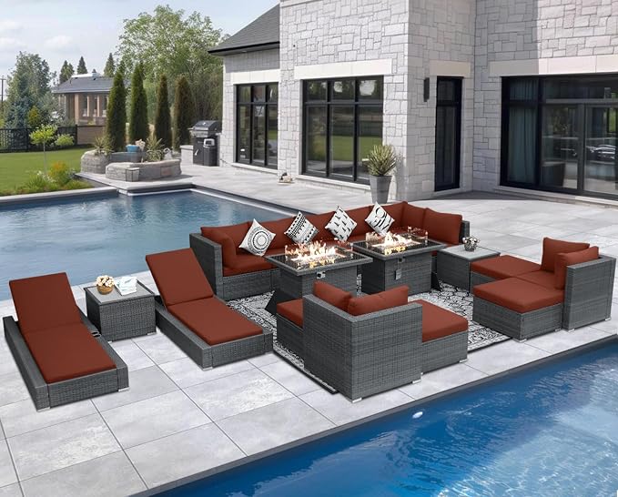 NICESOUL 18 Piece Extra Large Luxury Patio Furniture Set with Firepit, Outdoor Sectional w/Chaise Lounge, Comfy 29.3" High Back Couch Deep Seat, All-Weather Wicker Conversation Set, Gray & Red