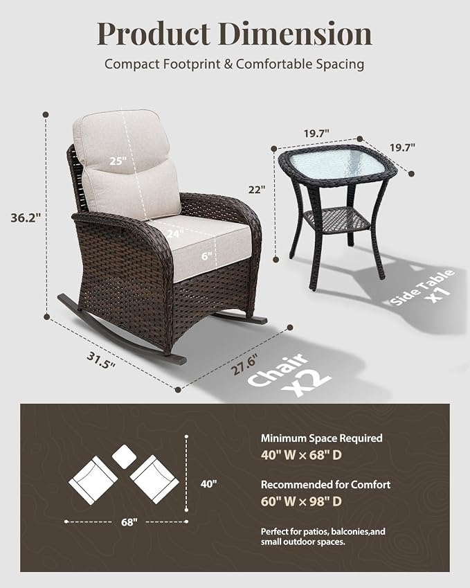Luxury Patio Furniture Set, High Back Outdoor Rocking Chairs with 6" Thick Cushions and Table, 3 Pieces All Weather Bistro Conversation Set for Porch Deck Balcony Yard (Beige)