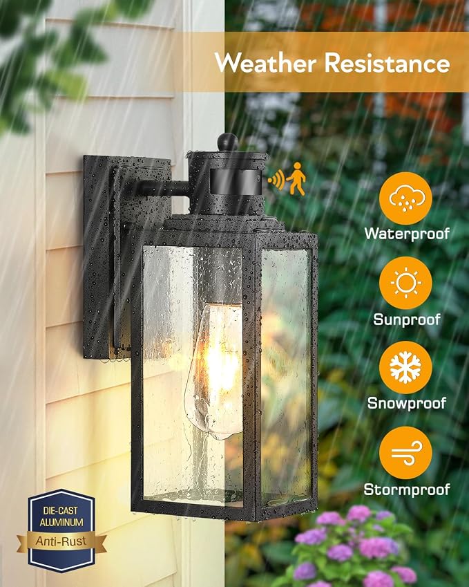 VIANIS Black Motion Sensor Porch Lights Outdoor, Modern Exterior Lighting Fixtures Wall Mount for House, Anti-Rust Waterproof Outdoor Sconce Lights for Garage, Front Door with Tempered Seeded Glass