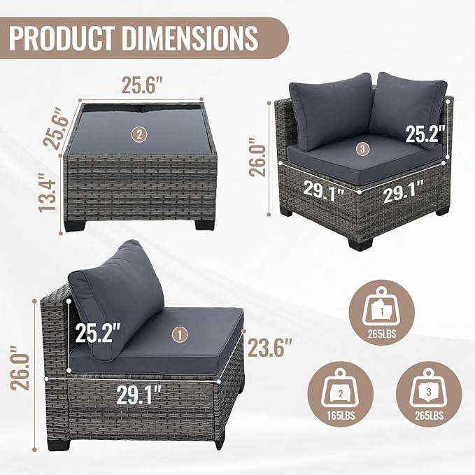 Loungewave 7 Pieces Outdoor Patio Furniture Set, Wicker Rattan Patio Conversation Set with Cushions & Coffee Table, All Weather PE Rattan Patio Sofa with Tea Table for Backyard Porch Garden (Grey)