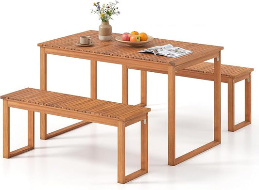 HAPPYGRILL 3 Pieces Acacia Wood Patio Dining Set, Outdoor Table with 2 Benches for 4 People, Wooden Dining Furniture Set for Yard, Garden, Porch