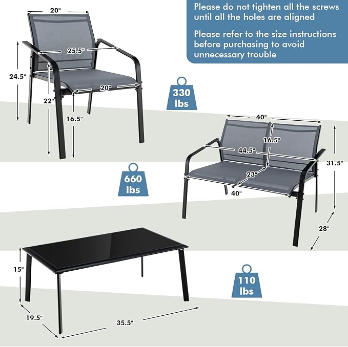 Tangkula 4 Pieces Patio Furniture Set, Outdoor Conversation Set with Tempered Glass Coffee Table, Outdoor Bistro Set with Fabric and Anti-Rust Steel Frame for Garden, Poolside and Backyard (Gray)