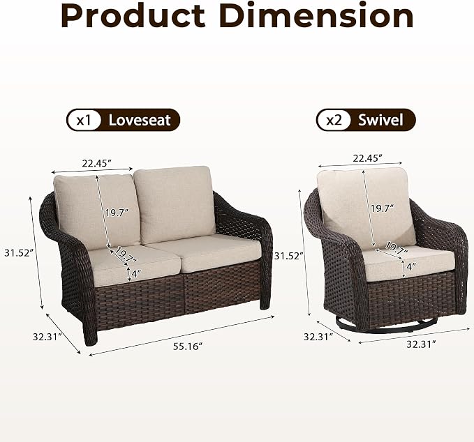 3 Piece Patio Wicker Conversation Set, All-Weather Use Outdoor Wicker Loveseat with 2 PE Rattan 360 Swivel Chair, Ideal for Porch, Backyard, Balcony, Poolside, Beige