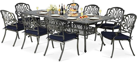 9-Piece Patio Cast Aluminum Dining Set, Outdoor Dining Furniture Set for 8 Person, Includes 94.5" Rectangular Dining Table and 8 Cushioned Chairs with Umbrella Hole, Navy Blue