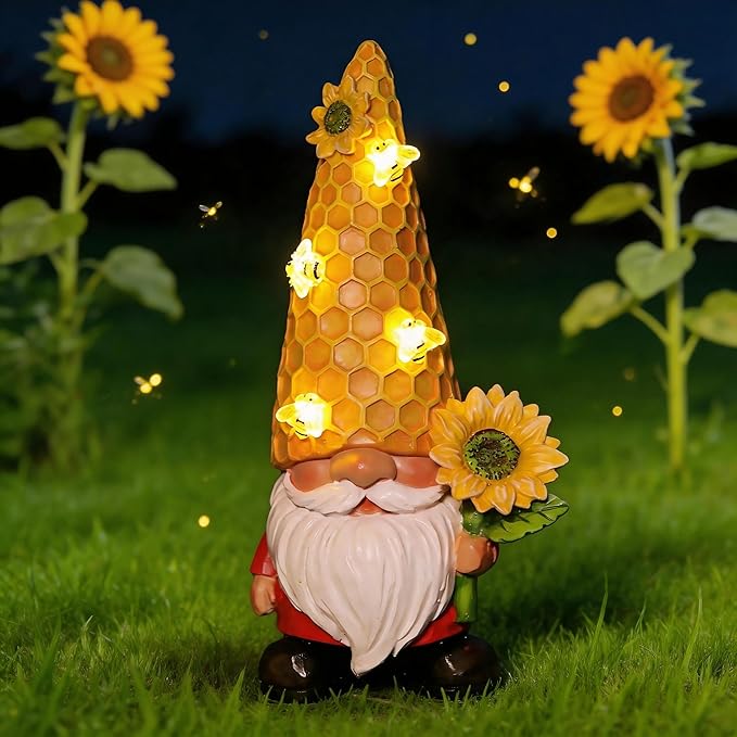 12.3''Garden Sunflower Gnomes Outdoor Statues Clearance for Garden Decor with Solar Bee Lights,Summer Decorations Gnomes Outside Decor - Gifts for Mom Woman,Yard Art Ornament for Patio Lawn