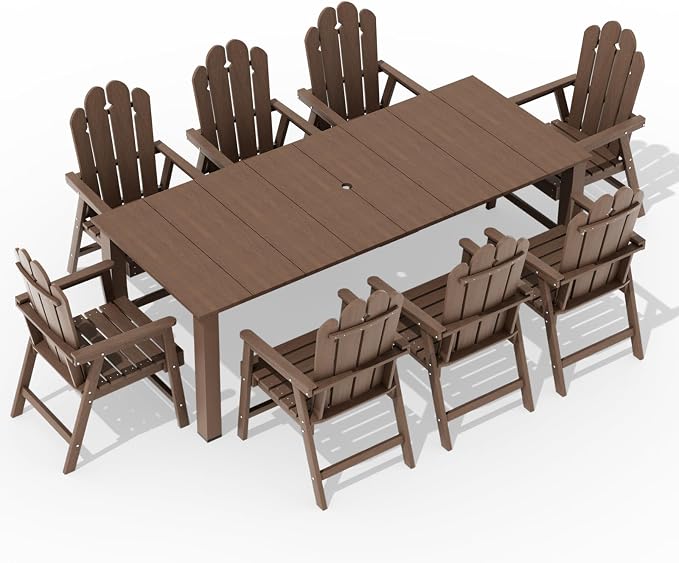 9 Piece Patio Dining Set for 8, HDPE Outdoor Furniture, Brown | 89.4” table,Heavy-duty 8 person patio set, high back eco-friendly HDPE, comfortable seating for large outdoor meals