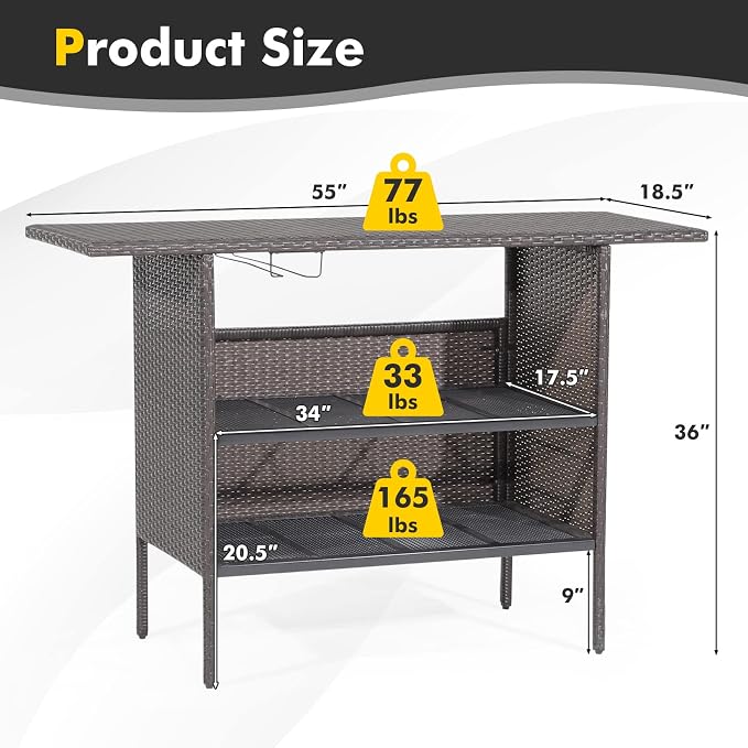 FANTASK Outdoor Wicker Bar, Paito Bar Table w/2 Storage Shelves, 2 Sets of Rails and Condole Cup Holders, Rattan Bar Counter Table for Backyard, Poolside, Garden