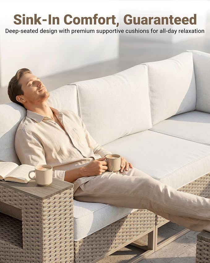 Outdoor Patio Furniture Set 6-Piece PE Rattan Wicker Outdoor Sectional Sofa with Thickened Cushions and Chunky Arms, Modern Modular L-Shaped Conversation Set for Garden, Backyard, White