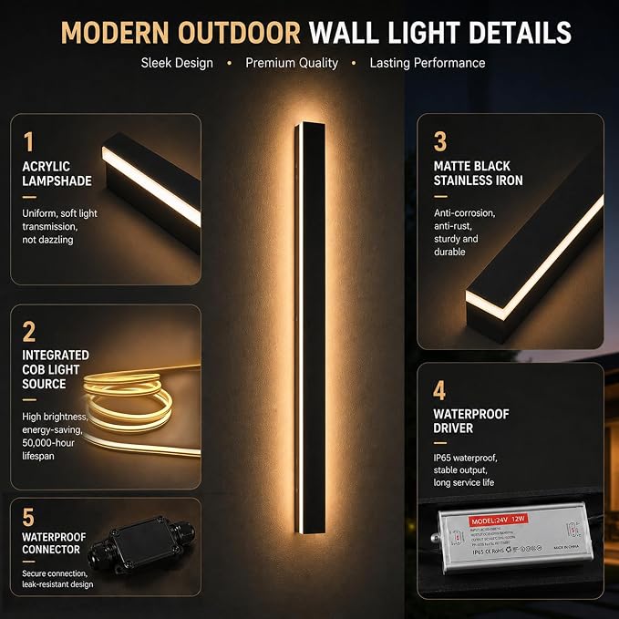 Outdoor Wall Lights, 2 Pack 79 Inch Black LED Exterior Light Fixtures Wall Mount, Modern Outdoor Lights Exterior Sconce 3000K Long Strip Wall Lamp Outside Lighting for Garage, House