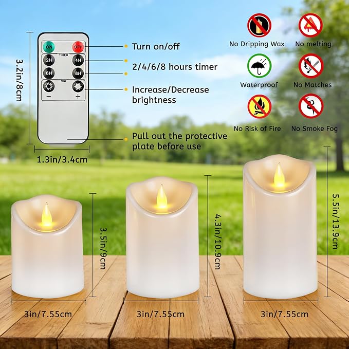 Outdoor Flameless Candles, Patented 3D Dual-LED, Set of 9 Slanted Plastic Pillars with 2 Remotes, Pure White Waterproof Non-Melting Battery Operated Large Set for Modern Fireplace, White