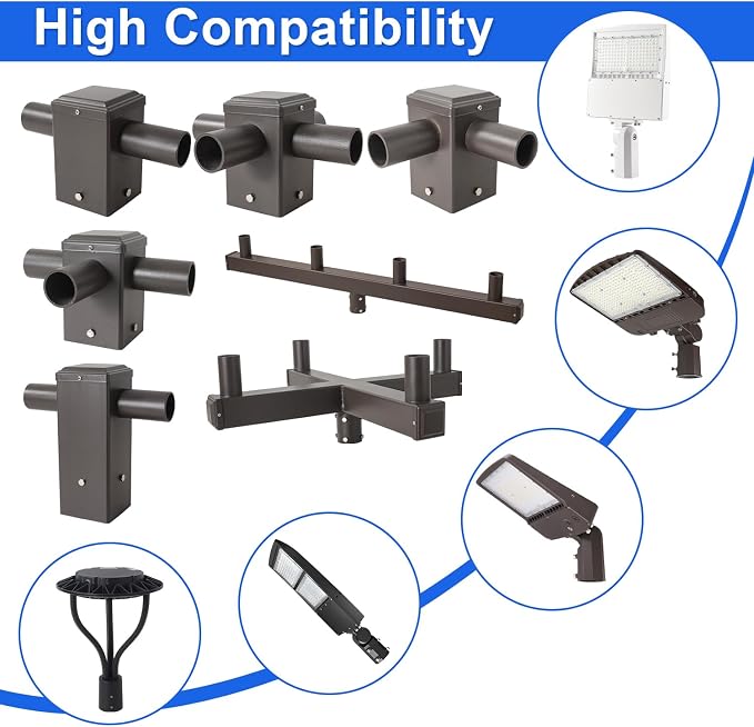 90 Degree Square Horizontal Tenon Adaptor with 4 Arms, Dark Bronze Heavy Duty Steel 4" Square Pole to Tenon, Top Tenon for 2 3/8" Slip Fitter Mount Led Shoebox Light 4 Fixture