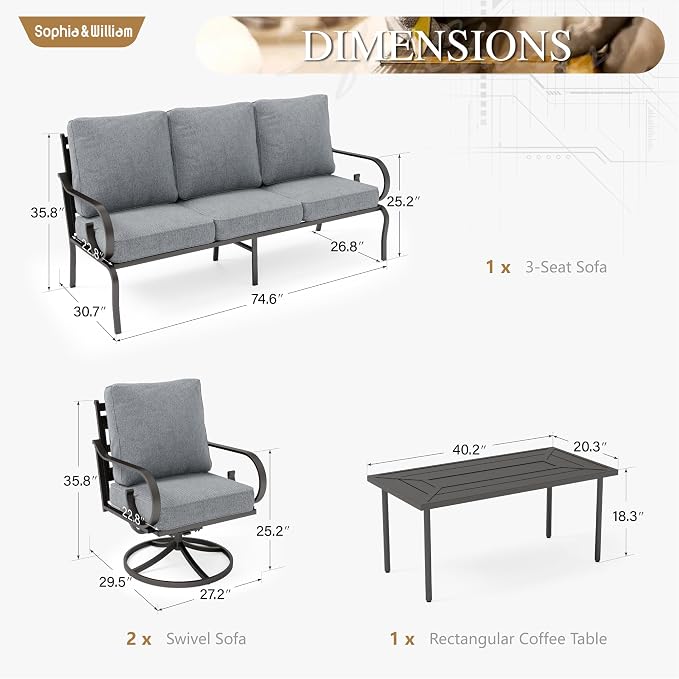 Sophia & William Patio Conversation Set for 5, 3-Seater Sofa, 2 Swivel Chairs and a Coffee Table, Metal Outdoor Furniture with 5.75" Extra Thick Cushions, Grey
