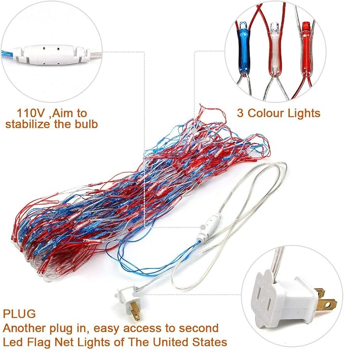 American Flag String Lights, Waterproof Led Flag Net Light, with 420 Super Bright LED, for Yard Garden Decoration, Festival, Holiday, Party Decoration,Christmas Decorations (Plug in Power)