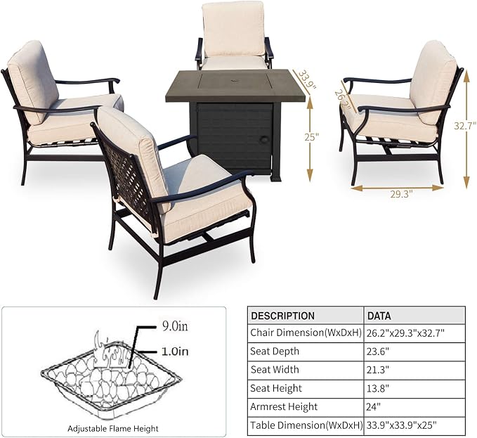 Patio Conversation Set Outdoor Furniture Sets CSA Certification 50,000 BTU 33.9 Inch Propane Fire Pit Table with Rocking Chairs (5 Pcs,Beige)